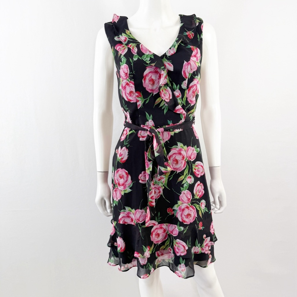 Review Black Floral Ruffle Belted Dress Size 6 V-Neck Ruffles Summer Party